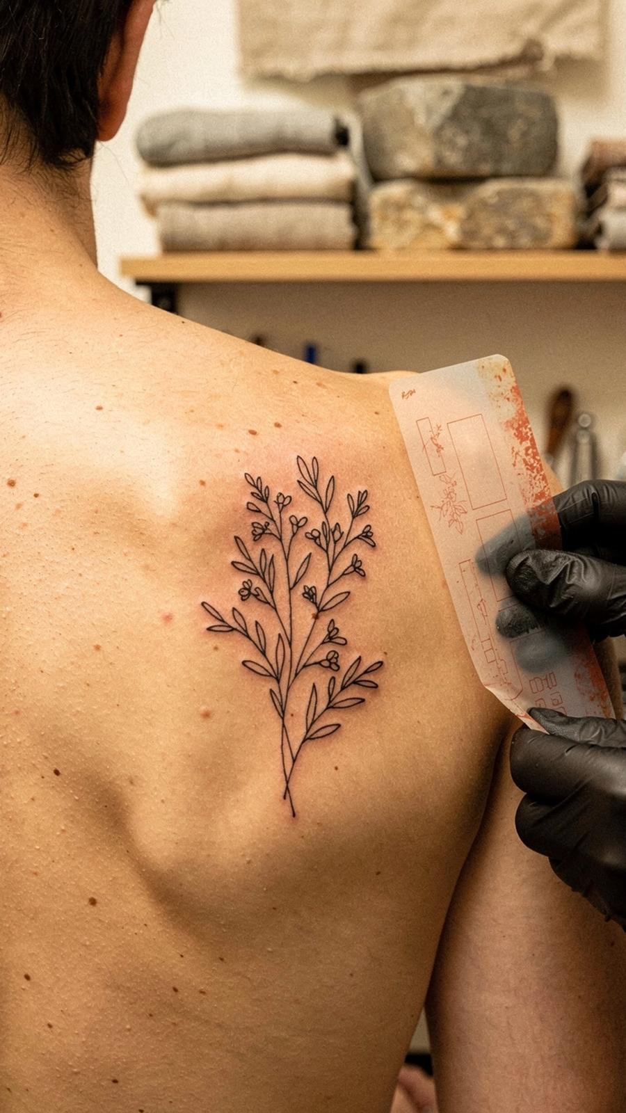 Custom tattoo on a client's shoulder blade, photographed in the Kyiv studio