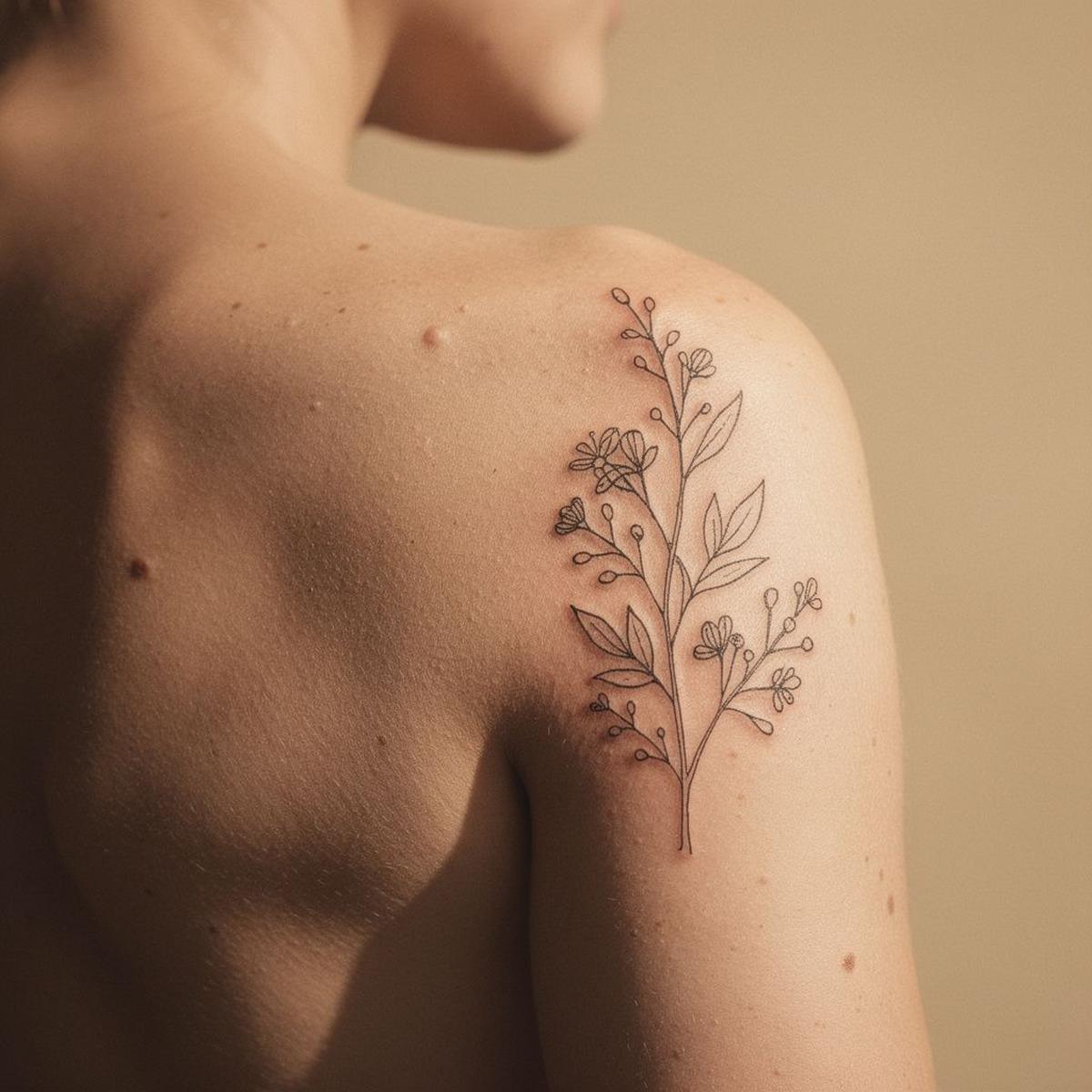 Healed fine-line tattoo on a right shoulder blade, shown flat against a warm neutral backdrop